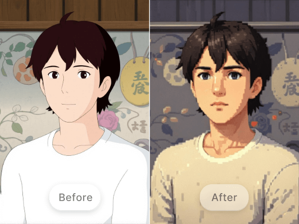 Convert an artwork image of a boy into pixel style