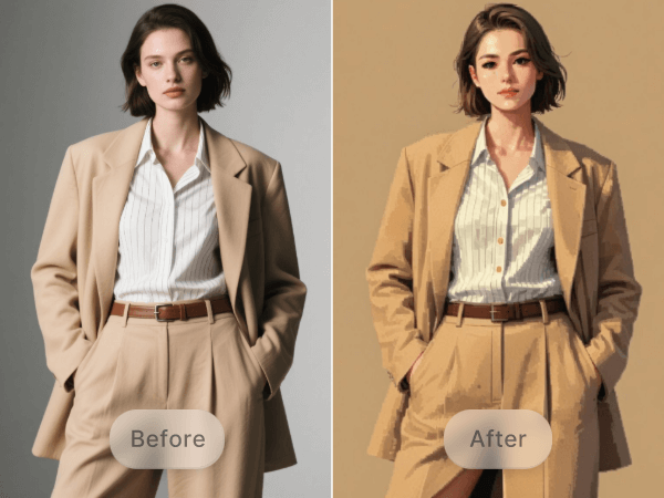 Convert an image of a fashionable short haired girl into pixel art