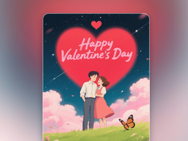 Create a ghibli style image from photo and design a valentine marketing poster from it