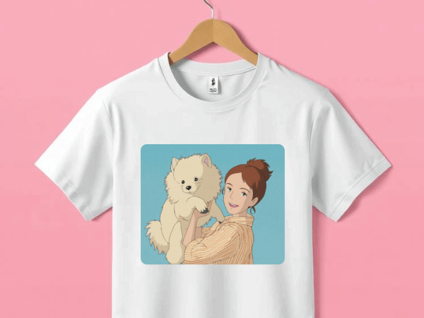 Create a ghibli style photo of a girl holding a dog and use it as the design for ghibli t shirt