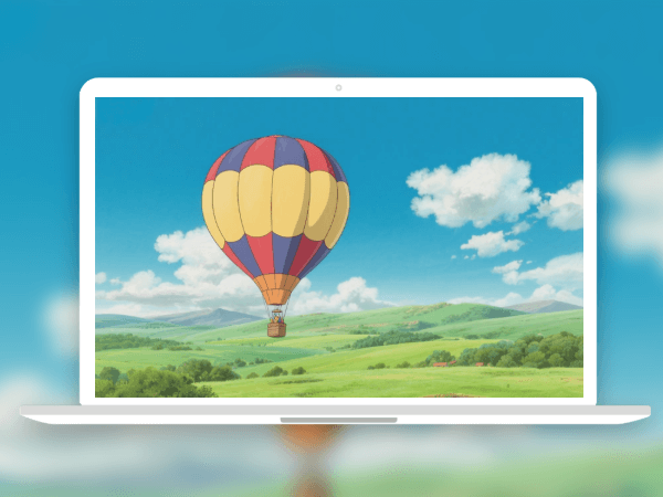 Create a ghibli version of a hot balloon landscape and use it as a desktop wallpaper