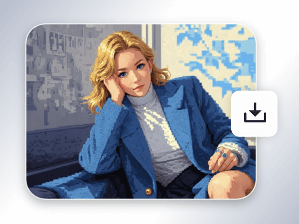 Download a pixel style photo of a beautiful girl wearing a blue suit in facewow