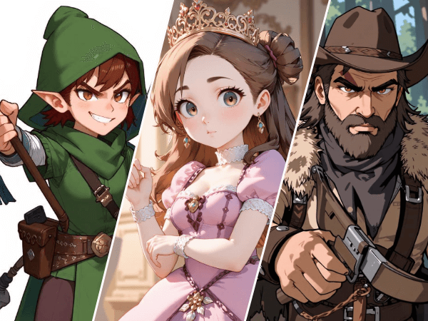 Make three cartoon characters from text and use them for game npc development