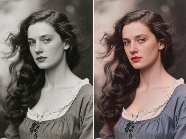 Repair and colorize a black and white photo featuring a woman in curly hair