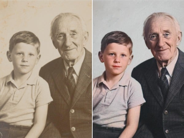 Restore a faded sepia photo featuring an old man and a child