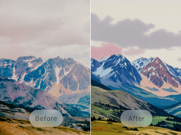 Transform a landscape photo of mountain peaks into anime style