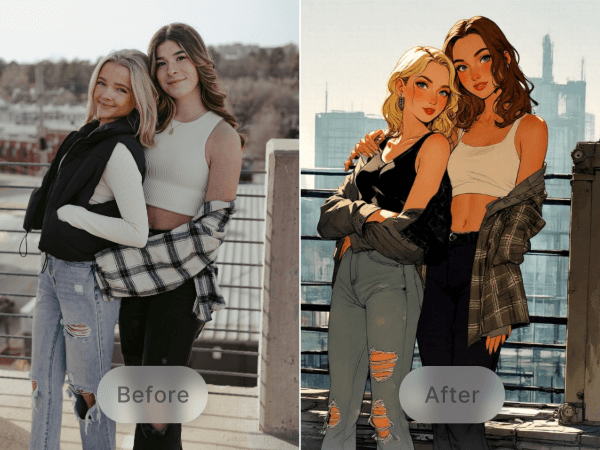 Transform a photo of two women together into anime style