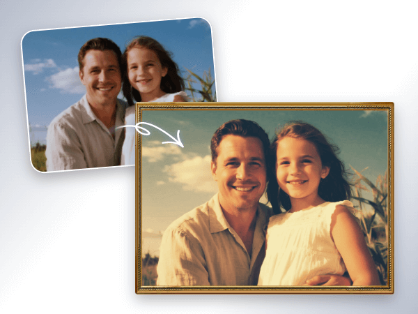 Turn a photo of a father and a daughter into the vintage version and make it an artwork