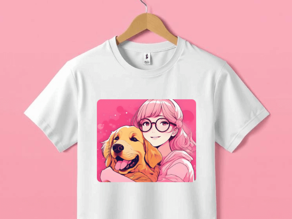 Turn a photo of a girl and a dog into manga art and use it as t shirt mockup