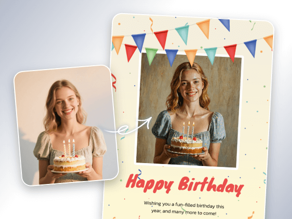 Turn a photo of a girl holding a birthday cake into a painting and make it a promotional birthday poster