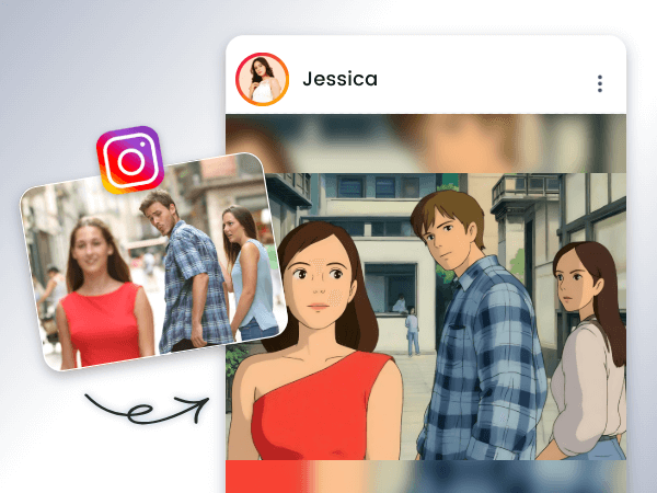 Turn a photo of three people into cartoon characters and share the cartoon photo as a meme on social media