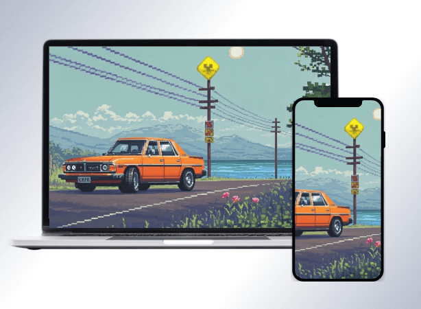 Use a pixel art photo of a car landscape as wallpaper