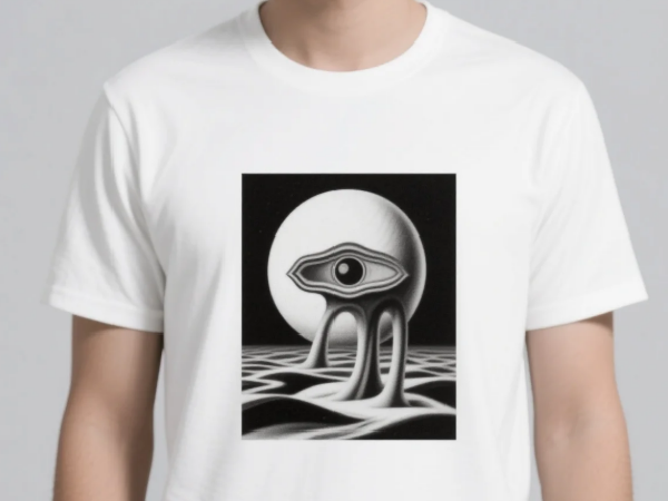 Visualize a black and white photo of an alien and virtually try it on a t shirt