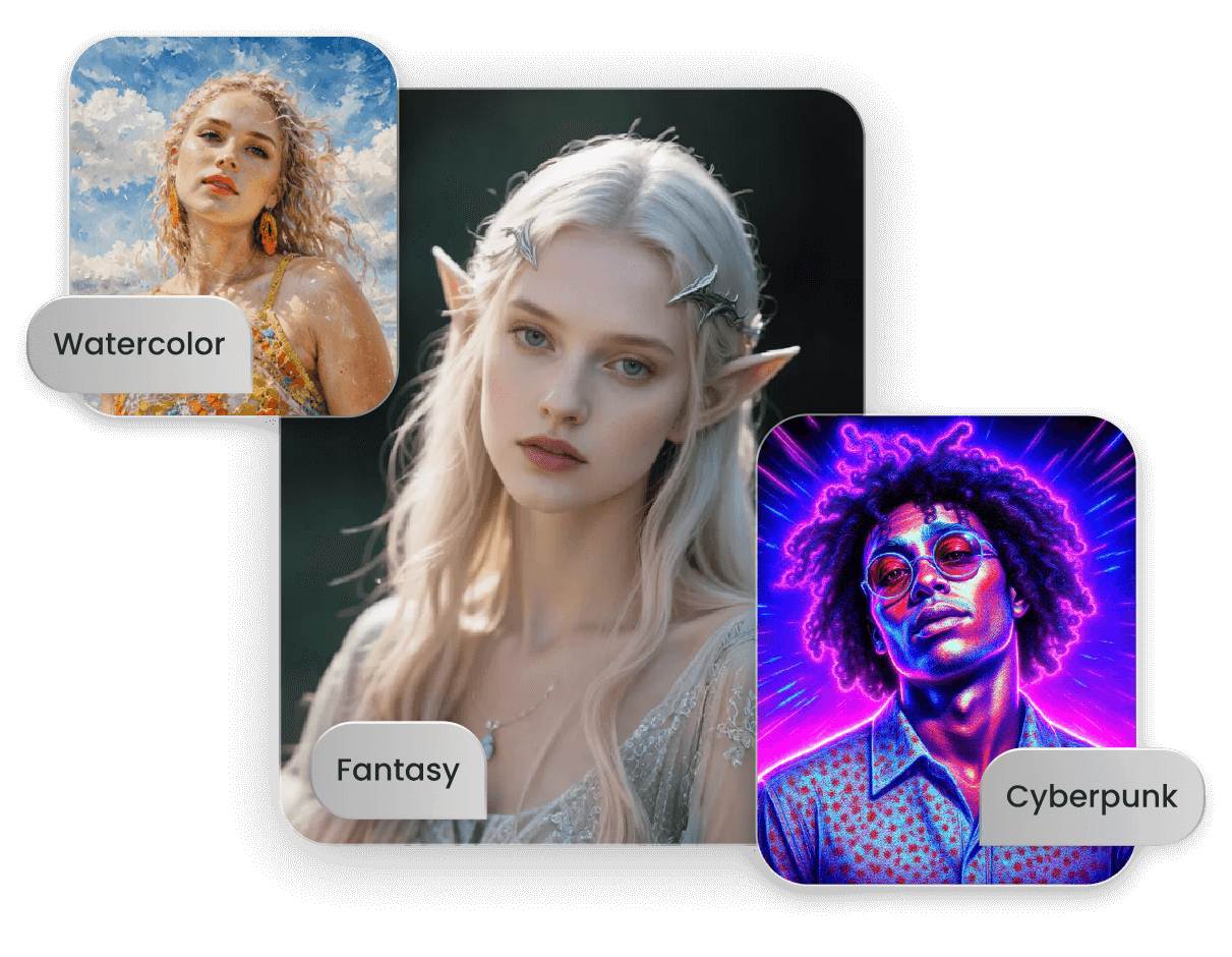 AI person maker from photo featuring various styles such as watercolor fantasy and cyberpunk