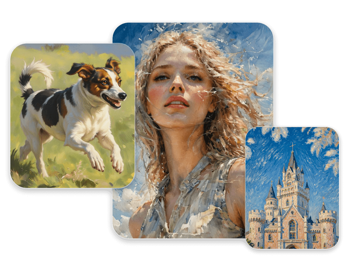 Apply three different watercolor effects to three images an image of a puppy running on the grass an image of a girl with long golden hair and an image of a castle with a blue sky