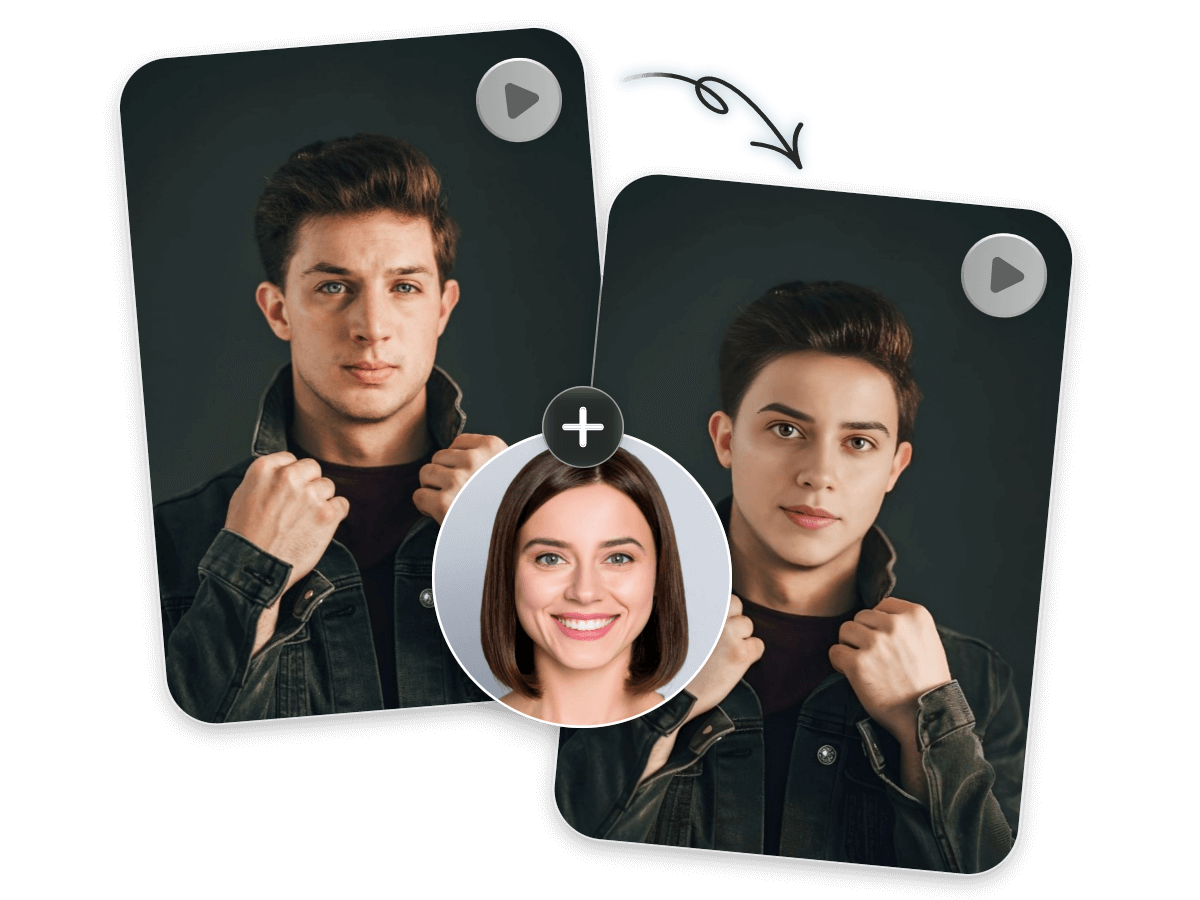 Change a photo of a girl with short hair to a video of a guy with short hair in a black jacket to realize gender swap
