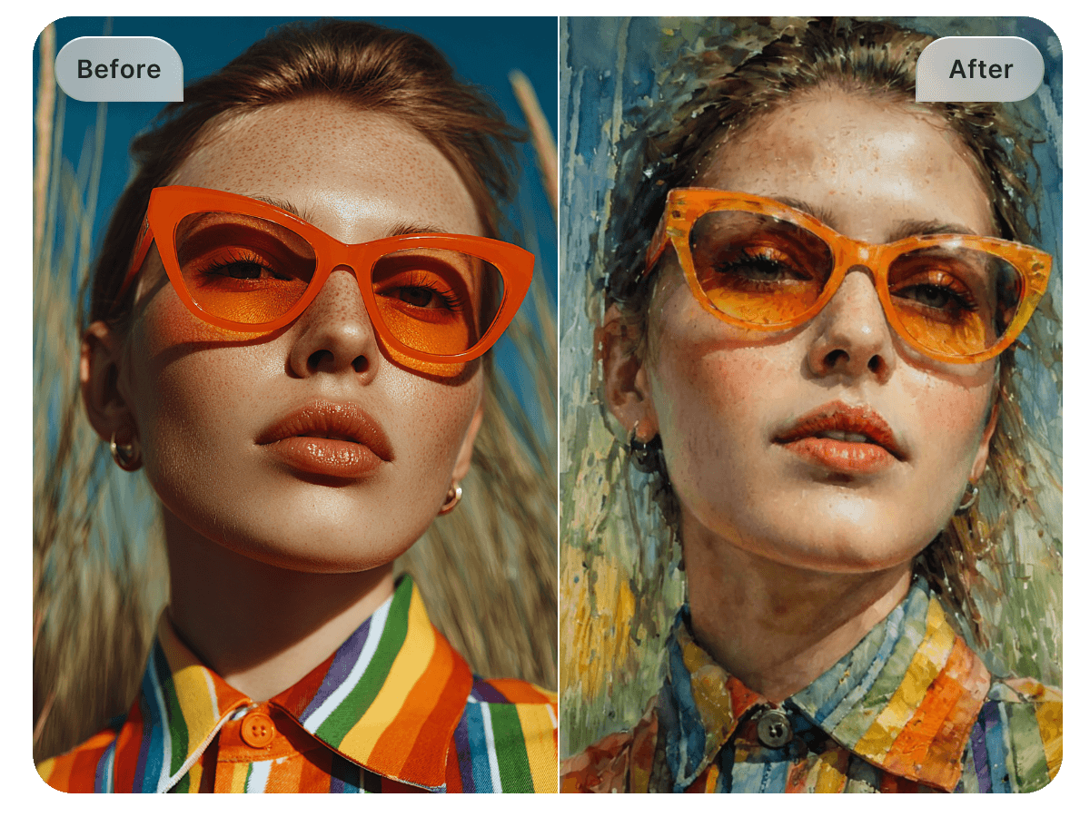 Create digital watercolor art from a picture of a woman waering a red glasses