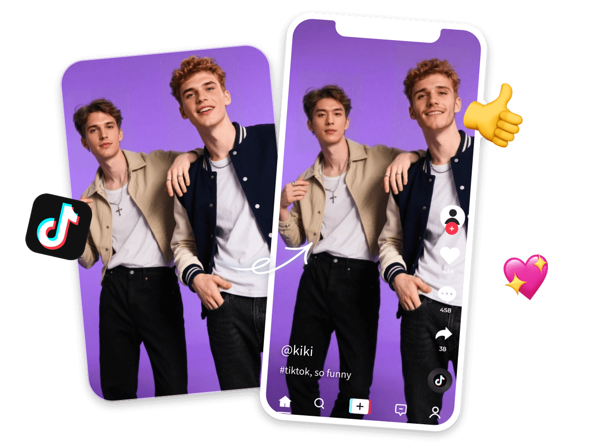 Share a face swap photo of a guy in a beige jacket and a guy in a black baseball jersey jacket to Tik Tok