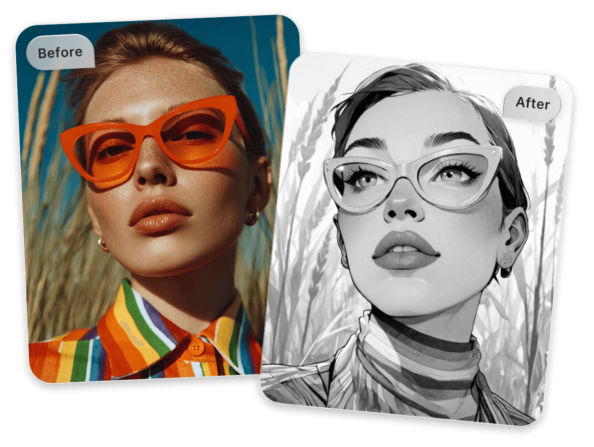 Sketch the face of a girl wearing colorful striped glasses with red frames