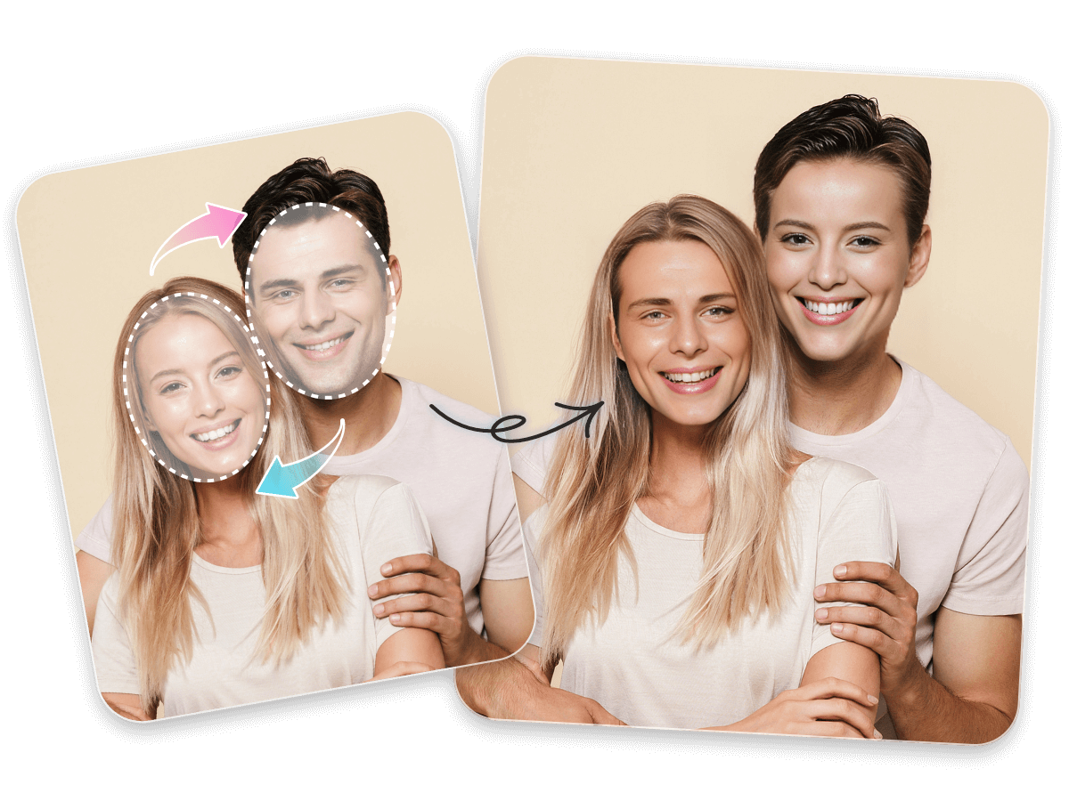 Swap the boys and girls faces in a group photo of a couple hugging in white short sleeves