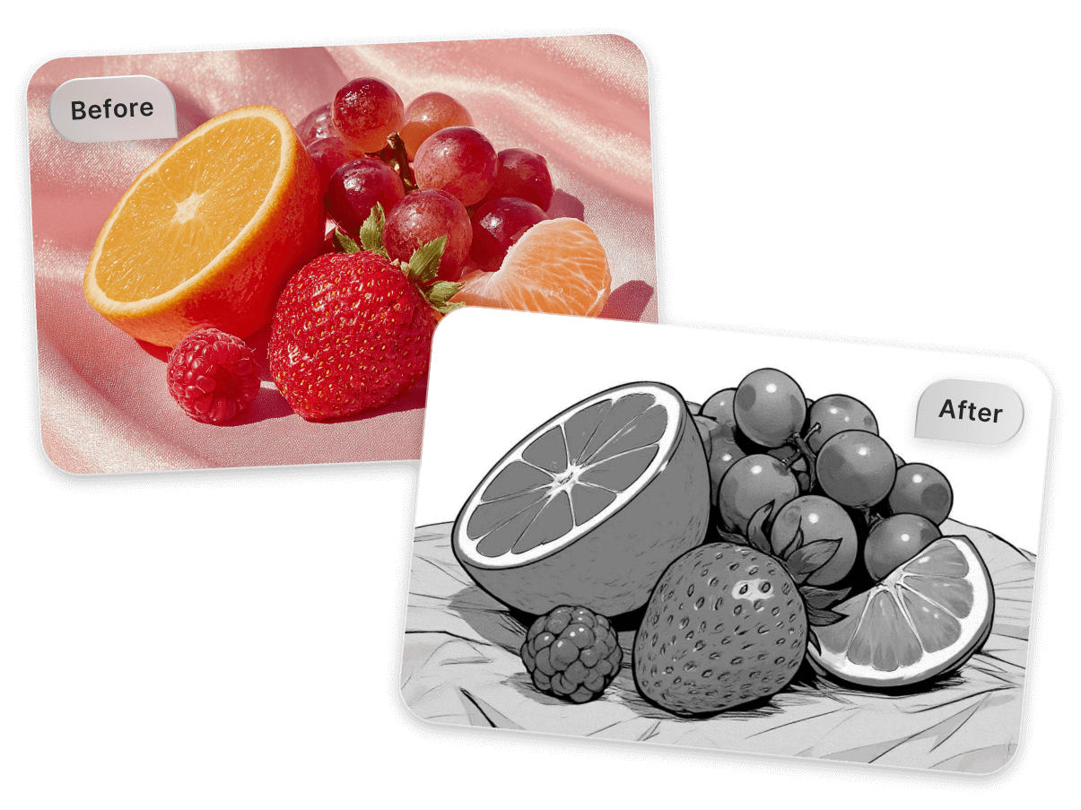 Take a photo of colorful fruits with high saturation into black and white sketch