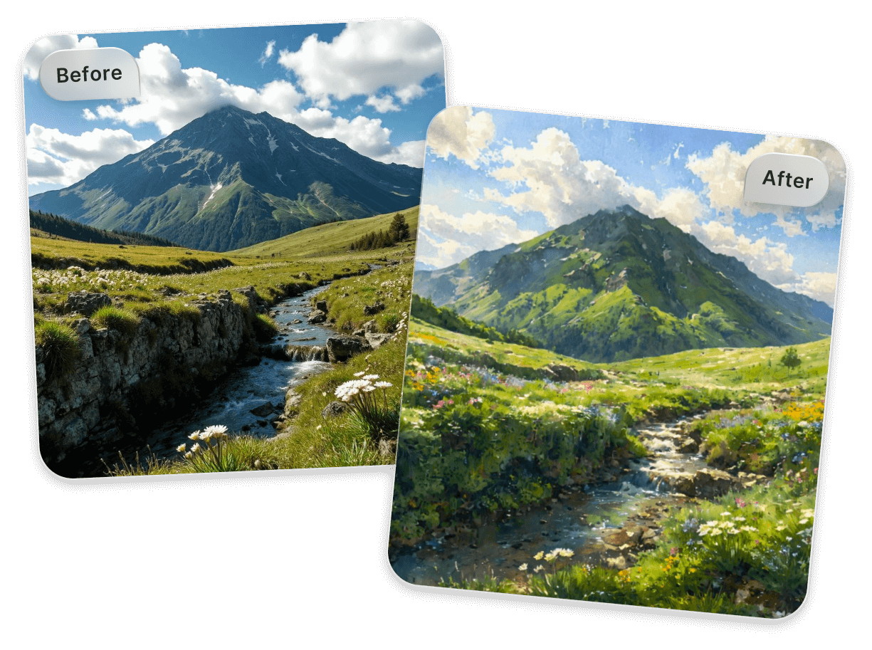 The before and after effects of applying a watercolor filter to a photo of a green mountain and grassland