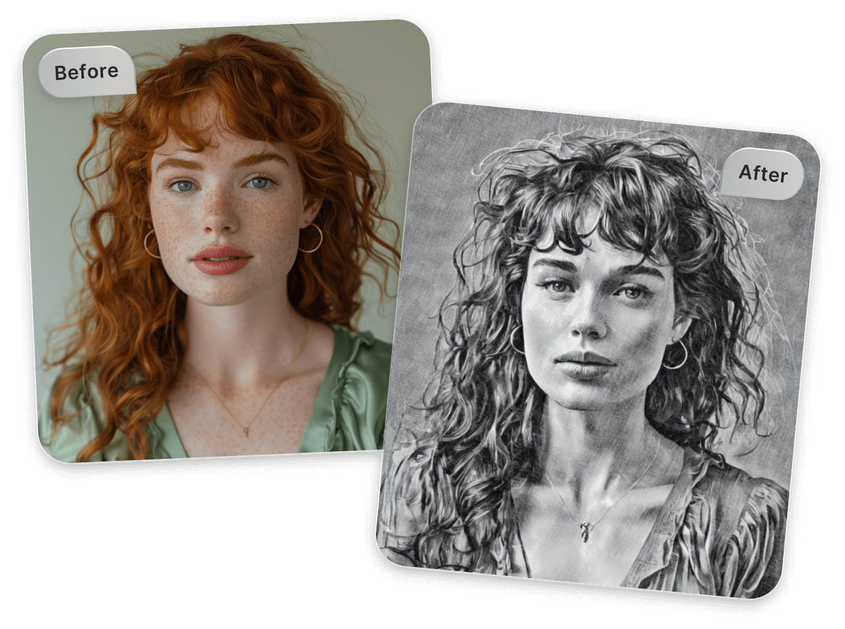 Turn a picture of a girl with long red curly hair into pencil sketch