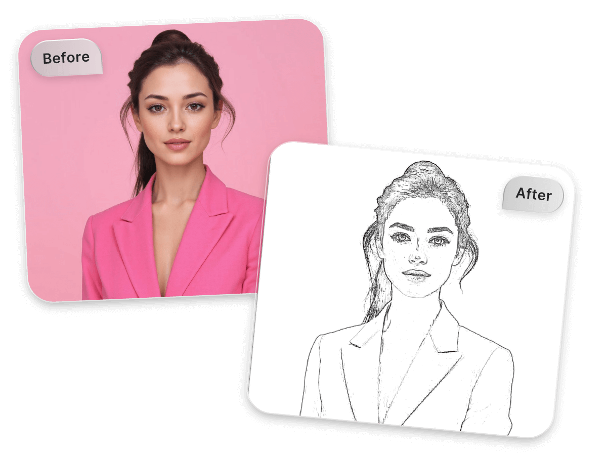 Turn a picture of a girl with ponytail wearing pink suit into outline sketch