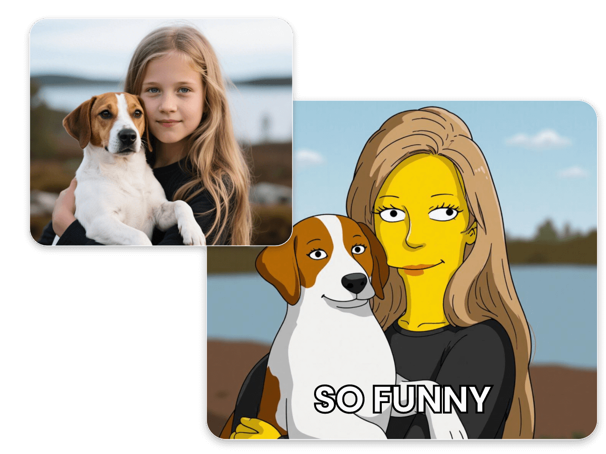 Apply ai simpson filter to a photo of a girl holding a puppy and create it into a meme