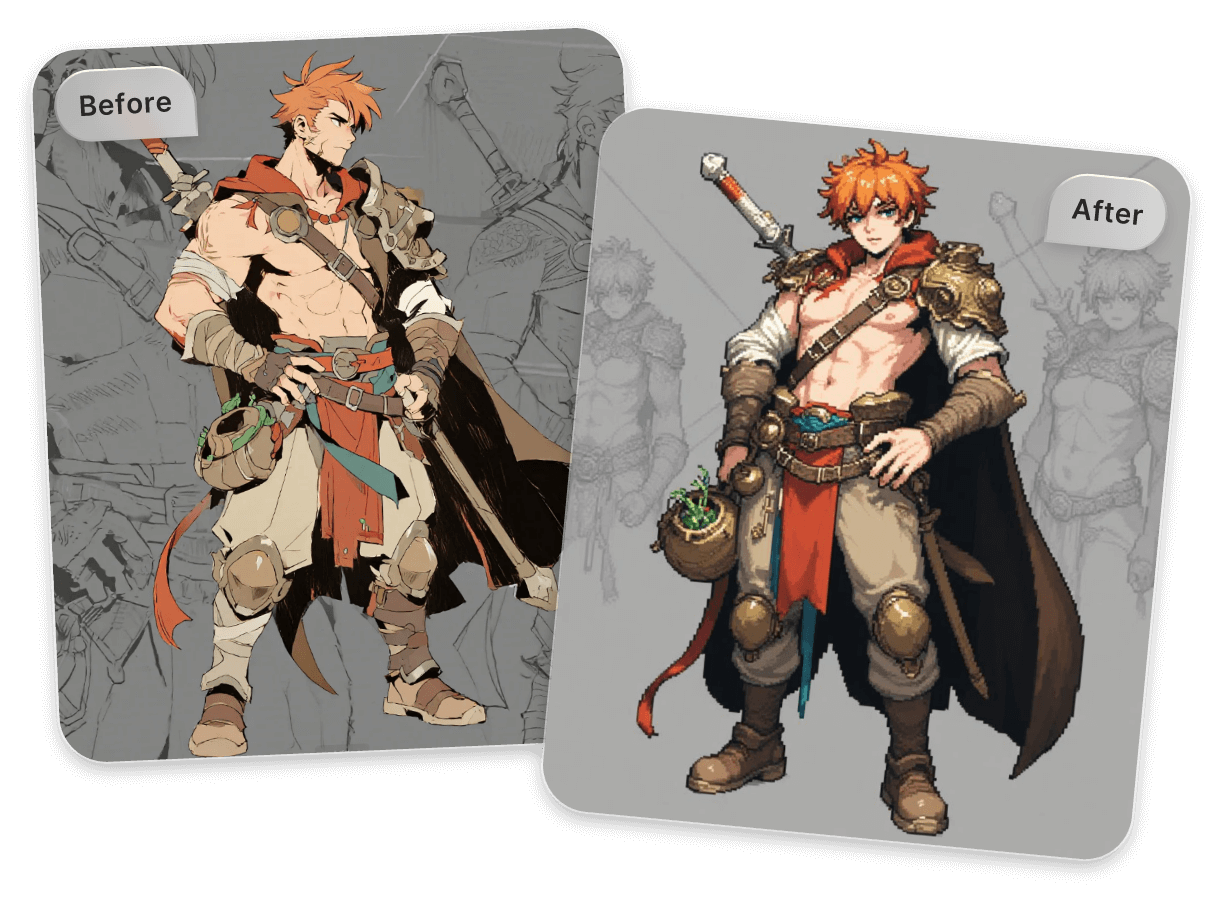 Convert a concept art of a muscular man into pixel art