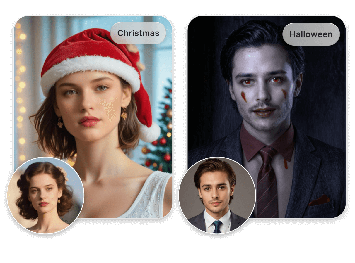 Convert a photo of a boy and a photo of a girl into halloween and christmas styles