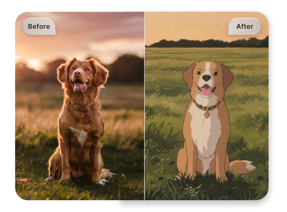 Convert a photo of a golden hair dog to ghibli style