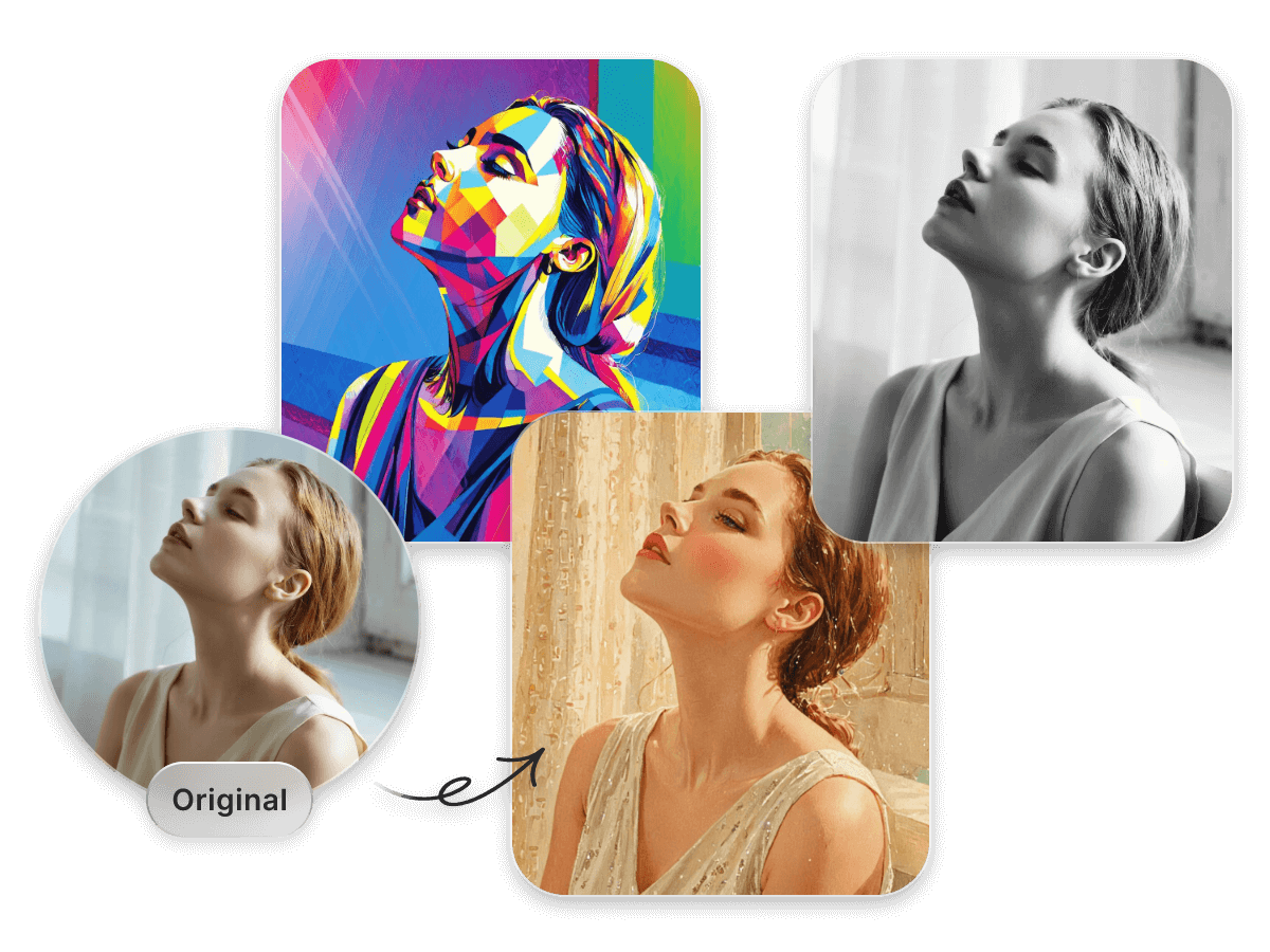 Convert a photo of a graceful lady to different pop art style paintings