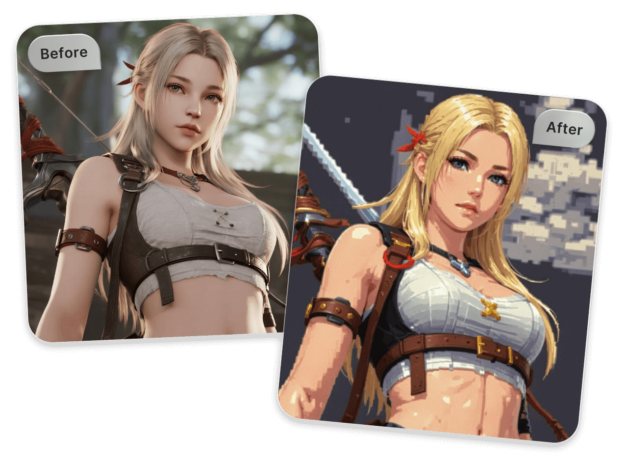 Convert an image of a 3d female character into 2d pixel style