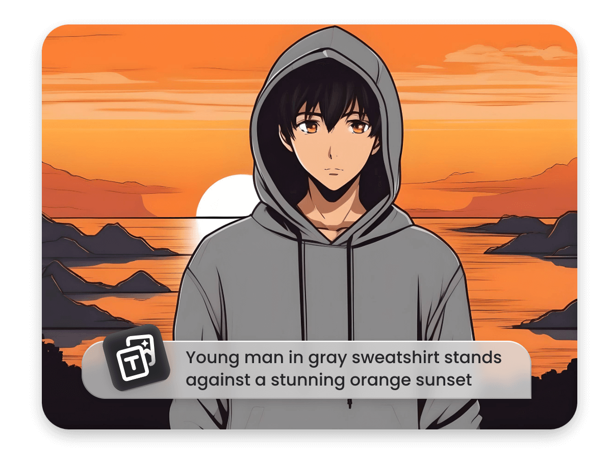 Convert text to a manga photo featuring a boy with a hoodie