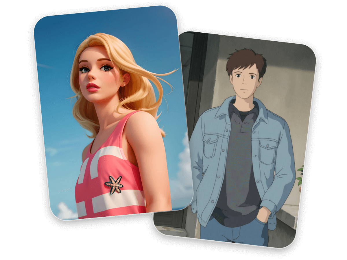 Create a 3d cartoon lady and a 2d cartoon boy from text