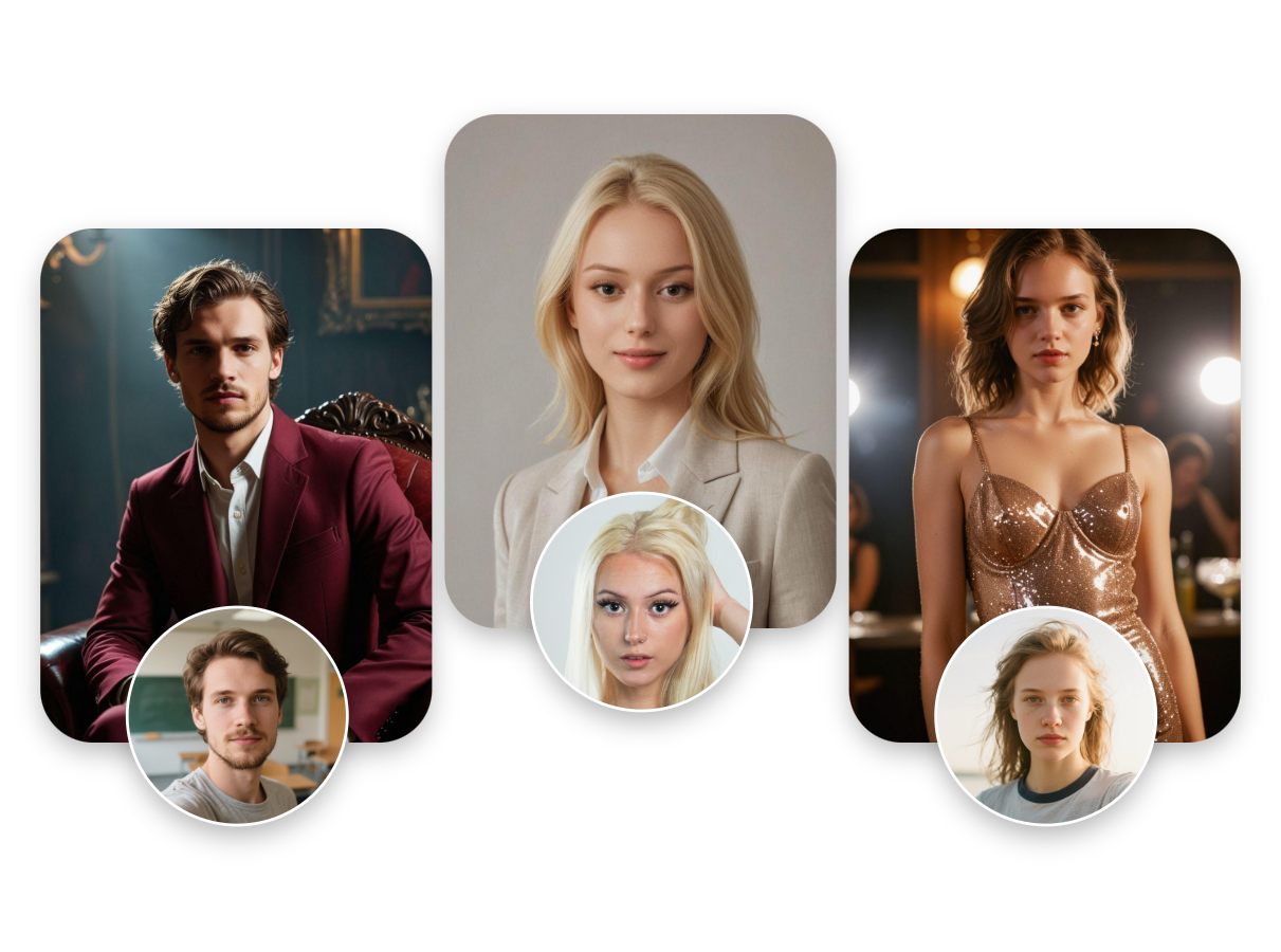 Custom proportion of characters and backgrounds and featuring three before and after contrast in Facewow AI portrait maker