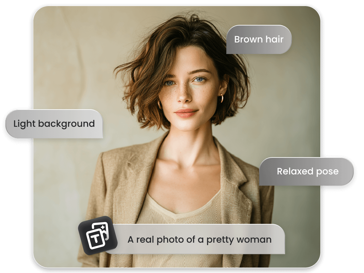 Easy and accurate AI human generator from text prompt featuring a real photo of a woman with short curly hair