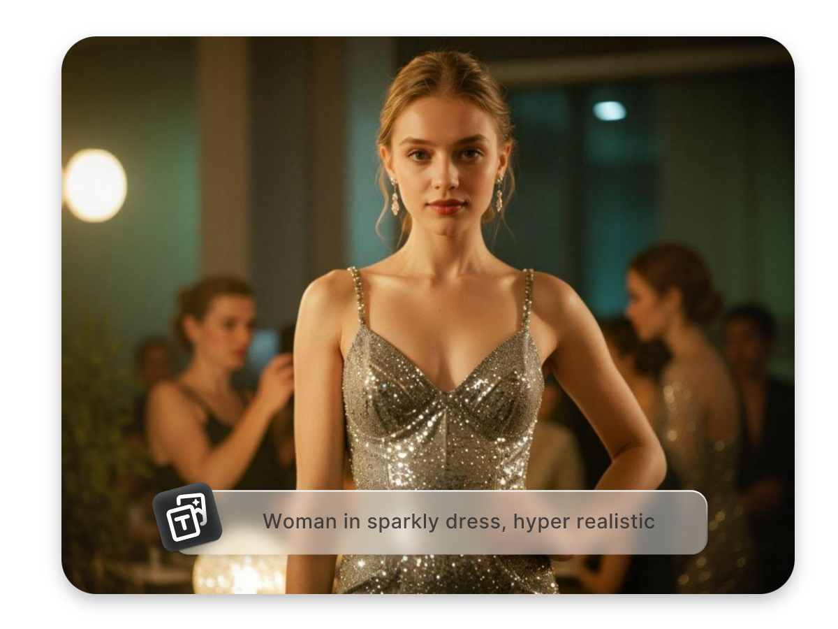 Generate virtual portraits from text with AI featuring a woman portrait in sparkly luxury style