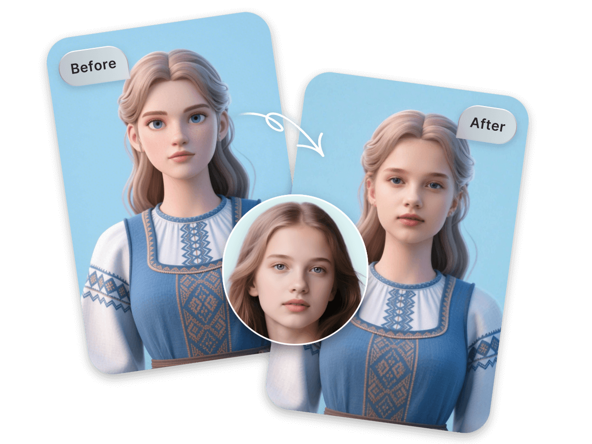 Swap a face of a girl onto a face of a 3d character