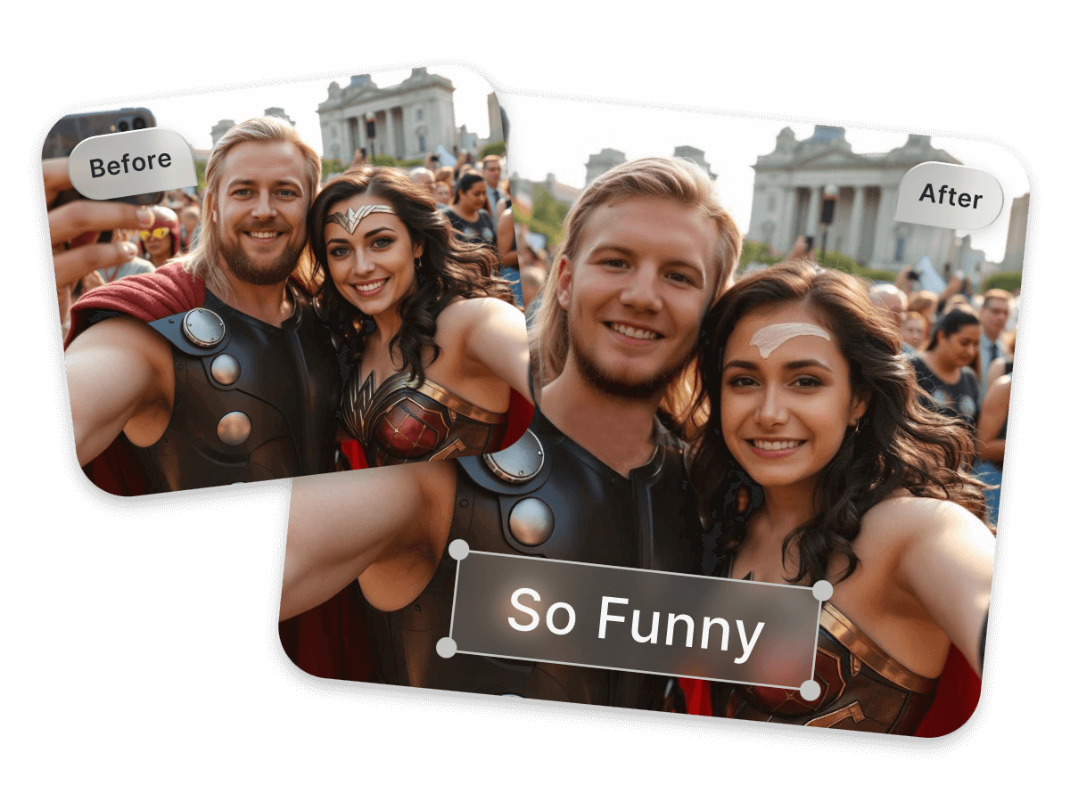 Swap faces in a superhero couple costume photo and add text