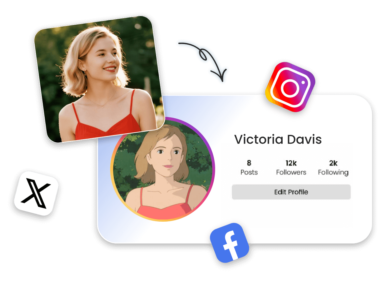 Turn a lady in a red dress into a cartoon character and use it as your pfp for social media