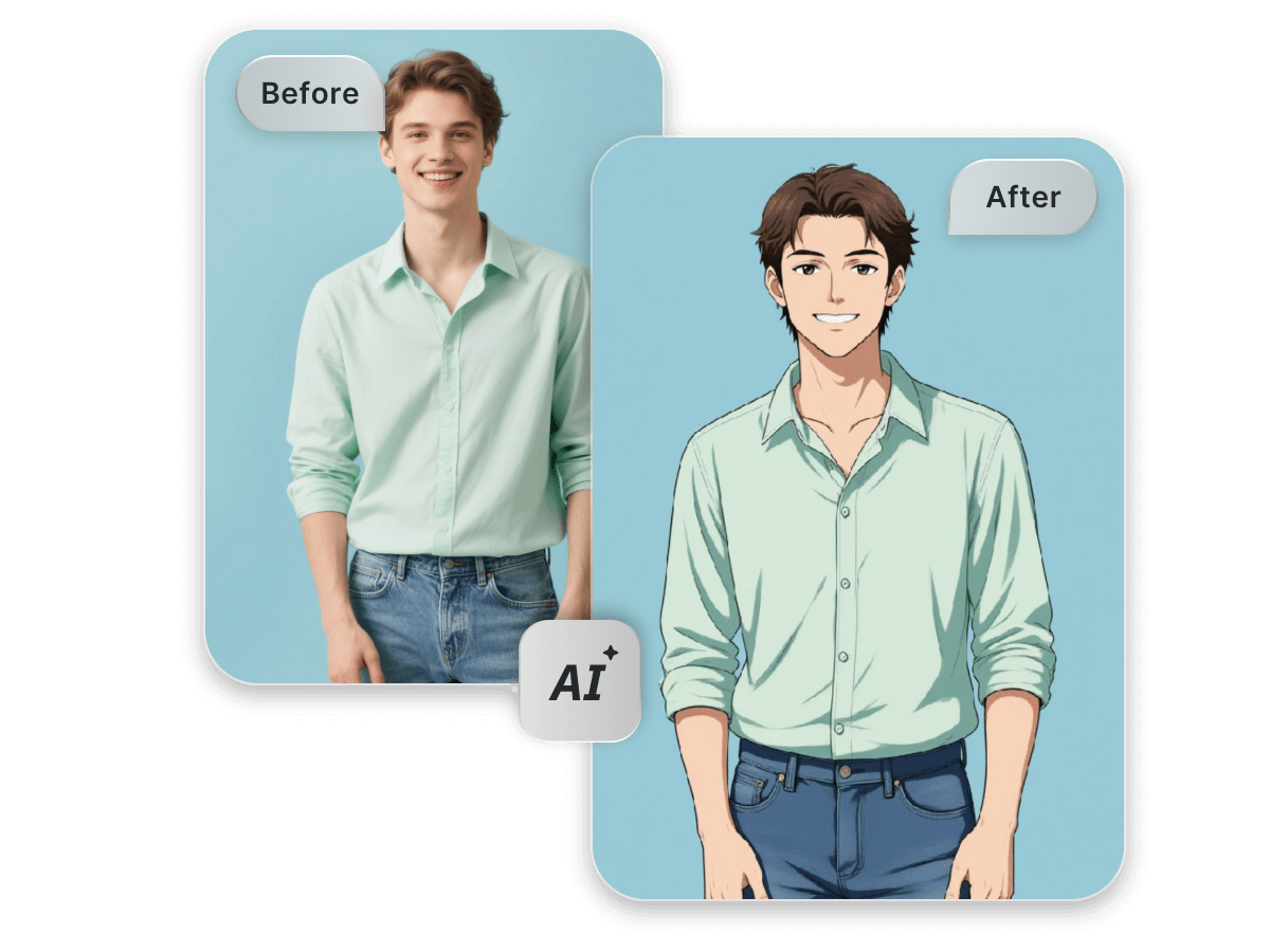 Turn a photo of a boy with a green shirt into a cartoon character