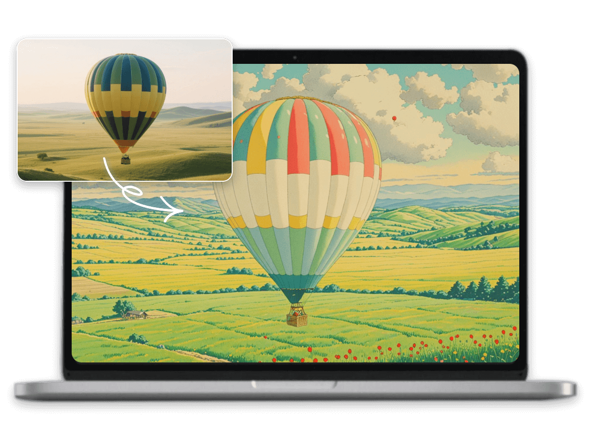 Turn a photo of a hot balloon view into a manga picture and use it as a desktop manga wallpaper