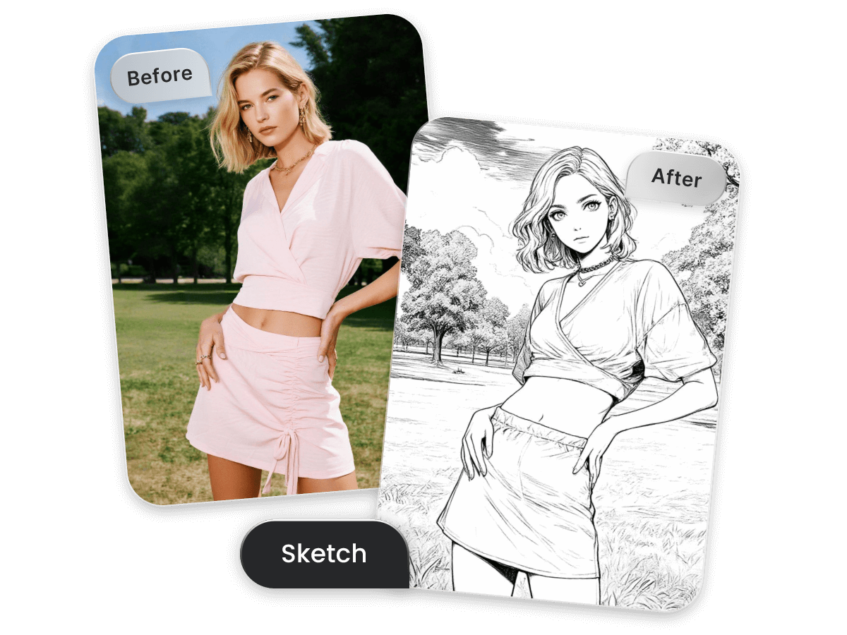 Turn a photo of a lady in pink into a sketch drawing