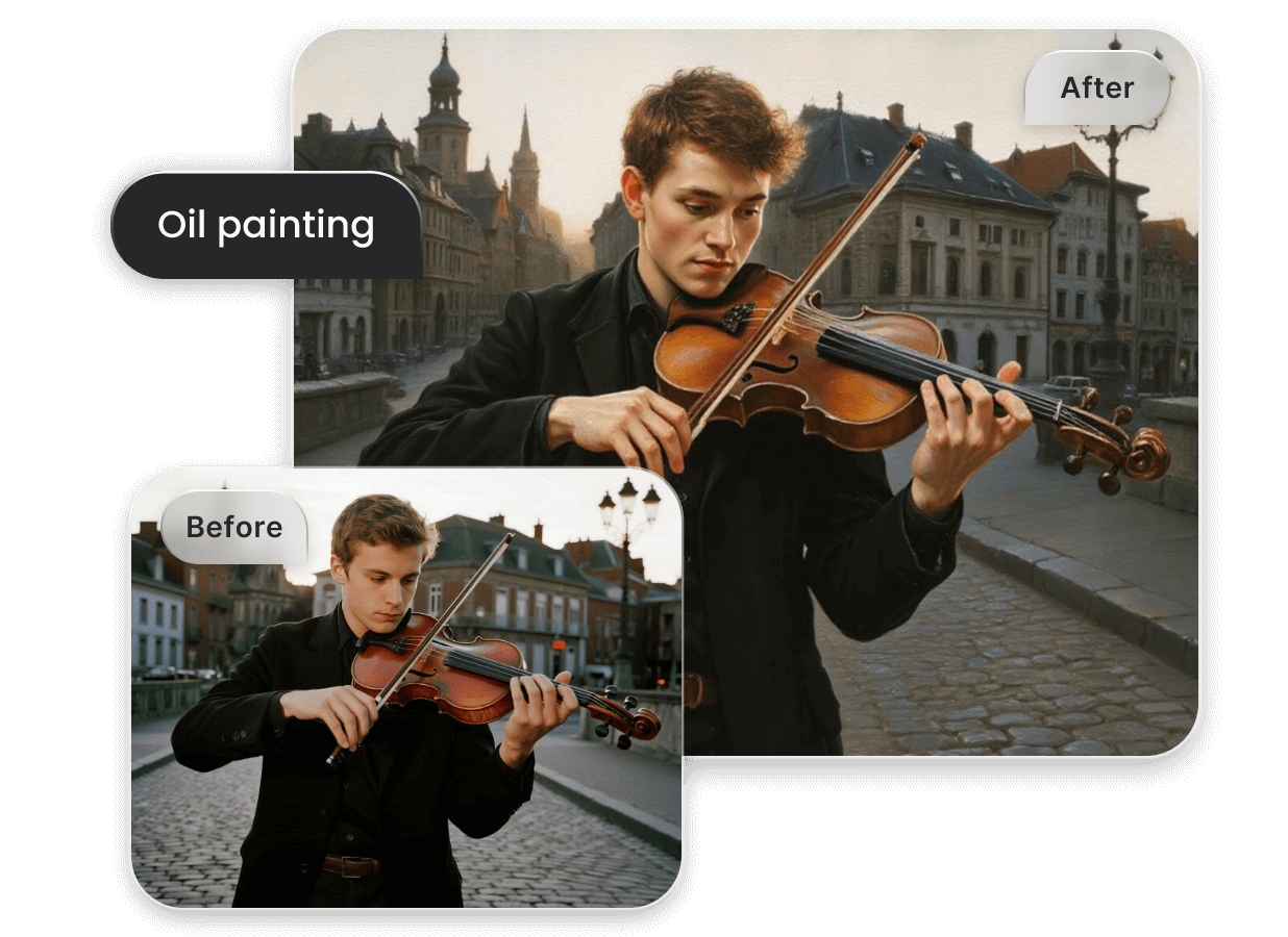 Turn a photo of a violin playing guy into an oil painting