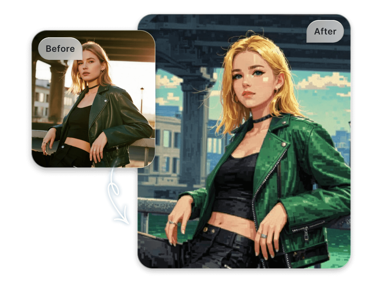 Turn a photo of a woman wearing a green jacket into pixel art in facewow