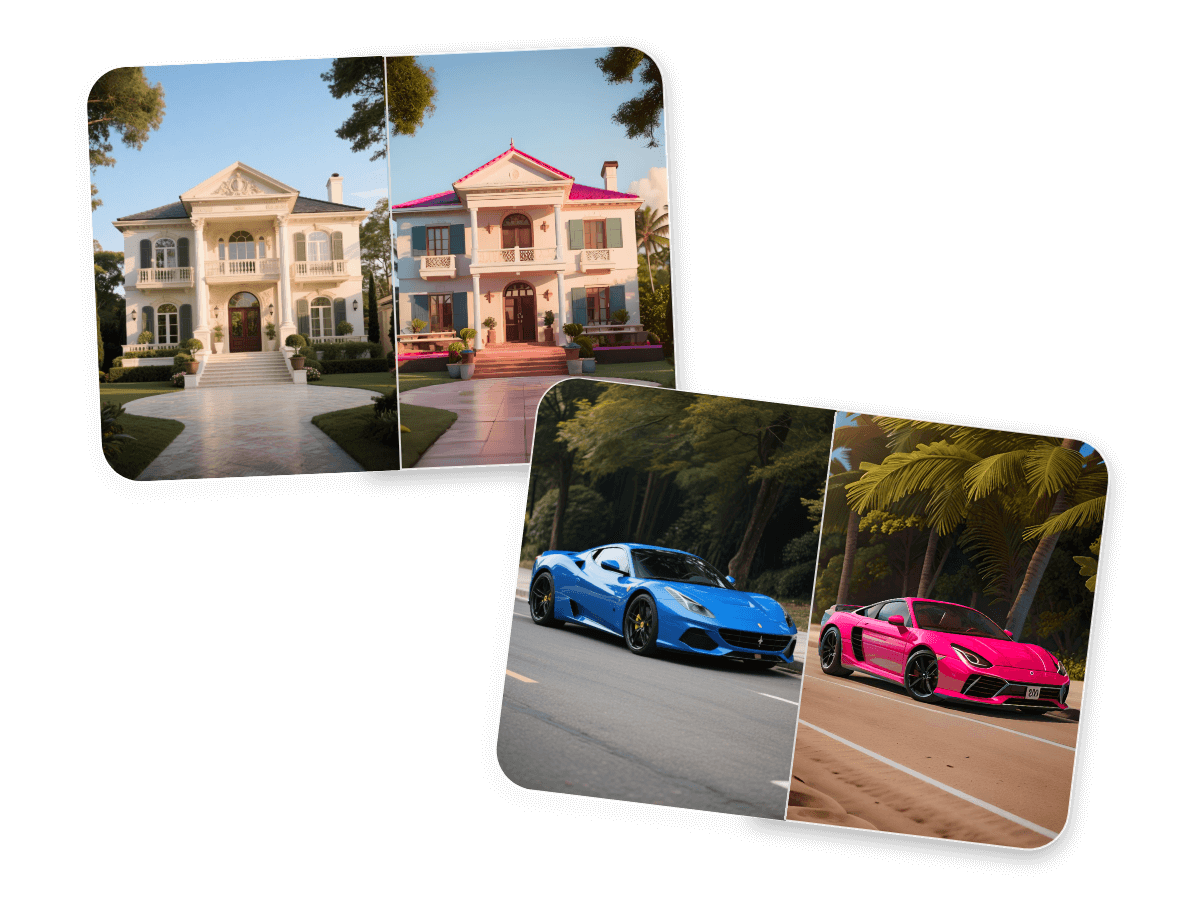 Turn a white house into pink and turn a white sport car into pink