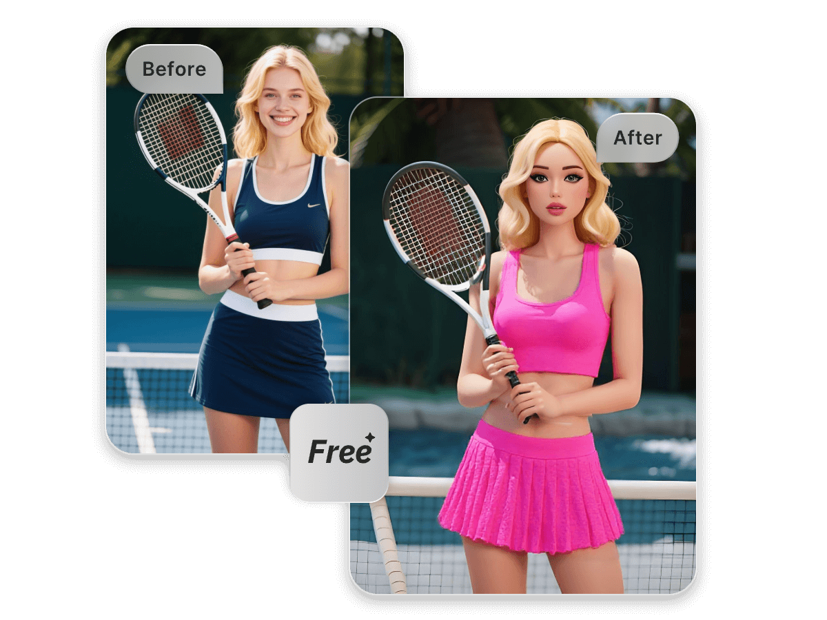 Turn the picture of a girl in blue tennis suit into barbie pink
