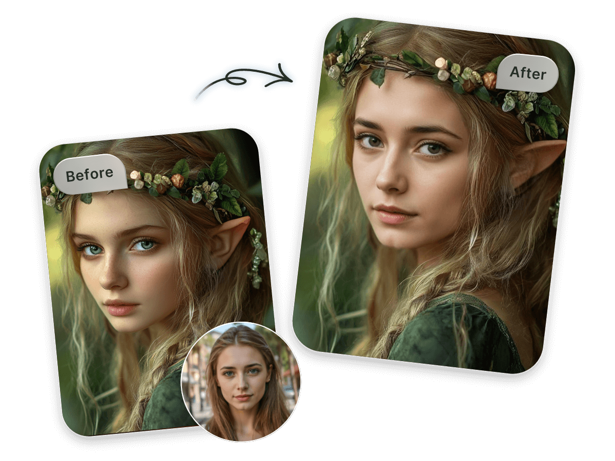 Use face swap to swap a girl and a green female elf in an image